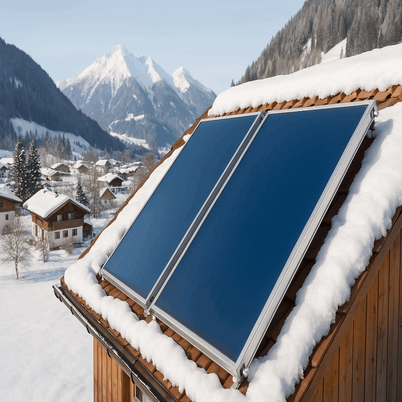 Flachkollektoren auf einem verschneiten Hausdach in Tirol mit Blick auf die winterliche Alpenlandschaft.
