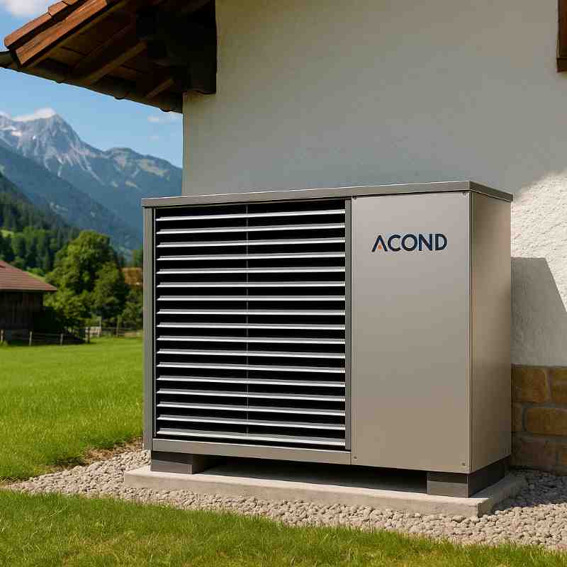 ACOND Wärmepumpe neben Vorarlberger Holzhaus – nachhaltige Heizungslösung für das Ländle