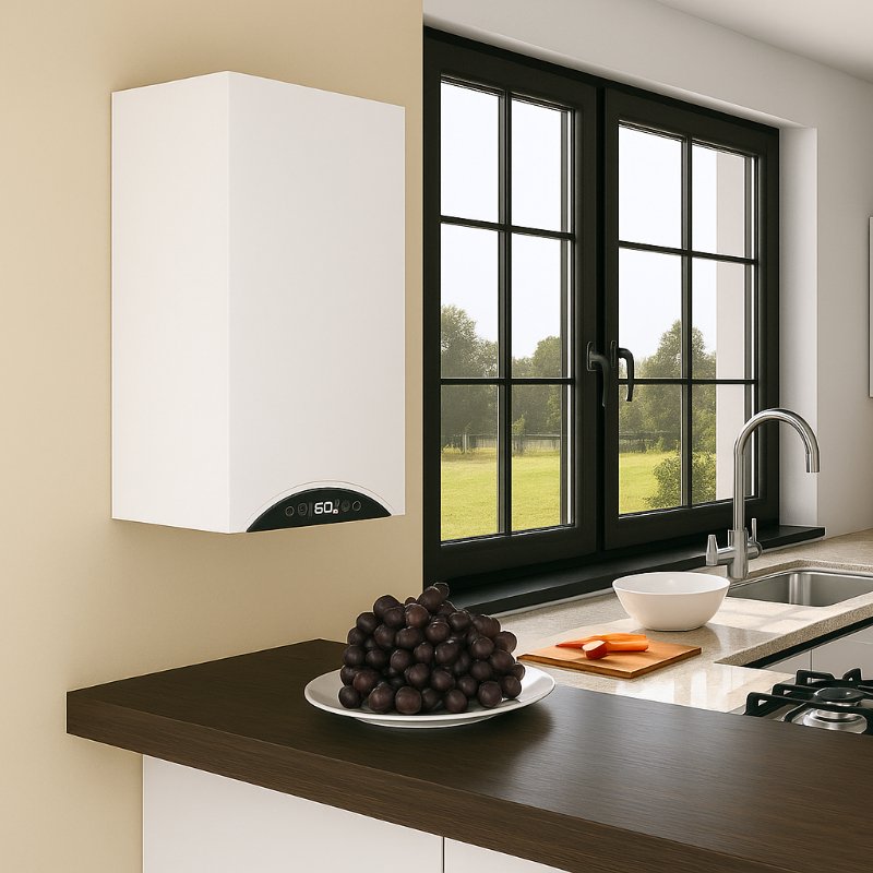 Modernes Kücheninterieur mit wandhängender Gastherme an beige Wand. Die weiße Gasheizung mit Digitalanzeige ist über der Arbeitsplatte installiert, daneben Fenster mit Gartenblick, Kochfeld, Wasserhahn und moderne Küchenausstattung.