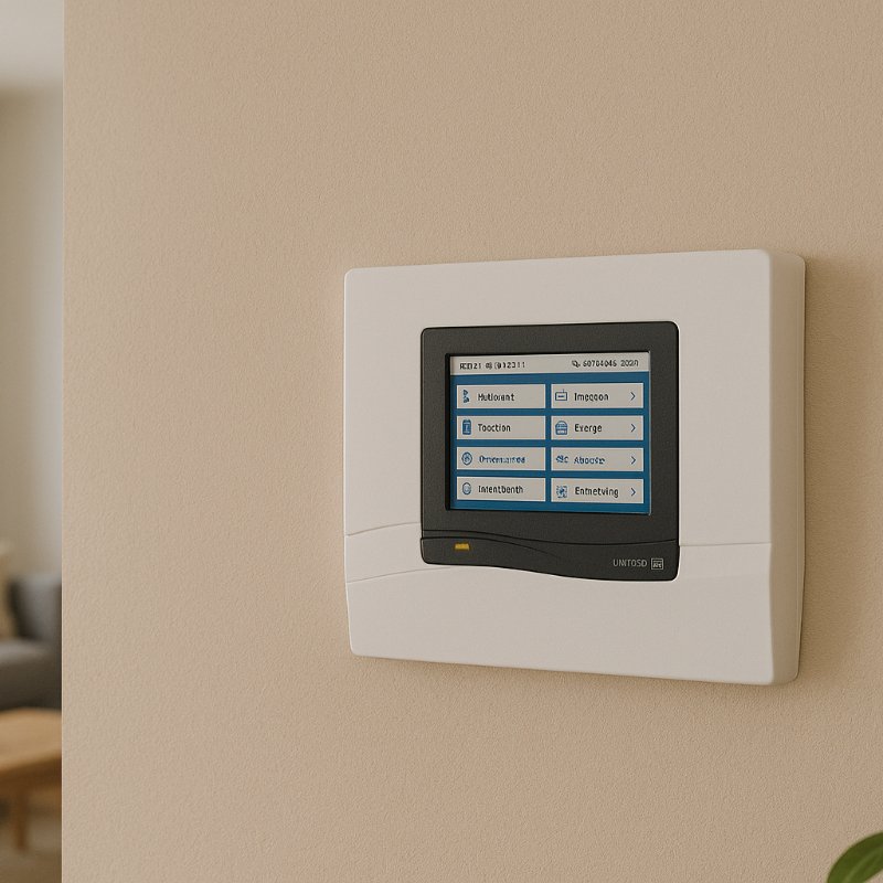 Wandmontierter Raumcontroller für moderne Heizungs- und Gebäudeautomation in einem hellen Wohnzimmer. Intuitive Bedienoberfläche mit Display, eingebettet in eine wohnliche Umgebung – perfekte Kombination aus smarter Regeltechnik und elegantem Interior Design.