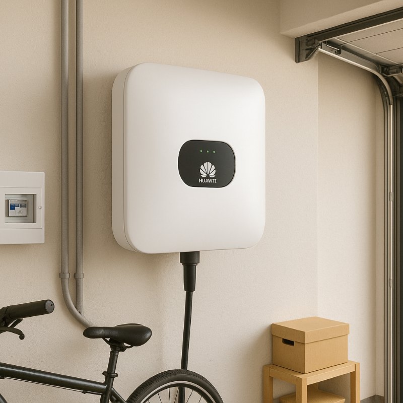 Hochauflösendes Foto eines Huawei Solar-Wechselrichters, montiert an der Wand einer modernen Garage mit Blick auf eine ruhige Wohnsiedlung. Im Vordergrund ein Fahrrad, ein Sicherungskasten und Kartons – ideal für Inhalte rund um Solarenergie, smarte Hausinstallationen und Photovoltaik im privaten Umfeld.