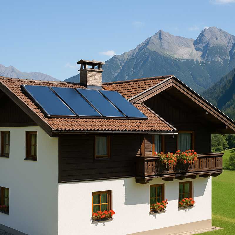 Traditionelles Haus mit Flachkollektoren auf dem Ziegeldach inmitten der Tiroler Alpenlandschaft – nachhaltige Solarwärmenutzung im Sommer.