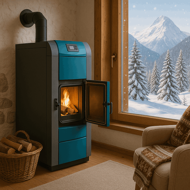 Moderner Holzvergaserofen in einem Tiroler Wohnzimmer mit Blick auf verschneite Alpen – nachhaltiges Heizen mit Holzvergaser, gemütliche Wärme und Energieeffizienz im Winter