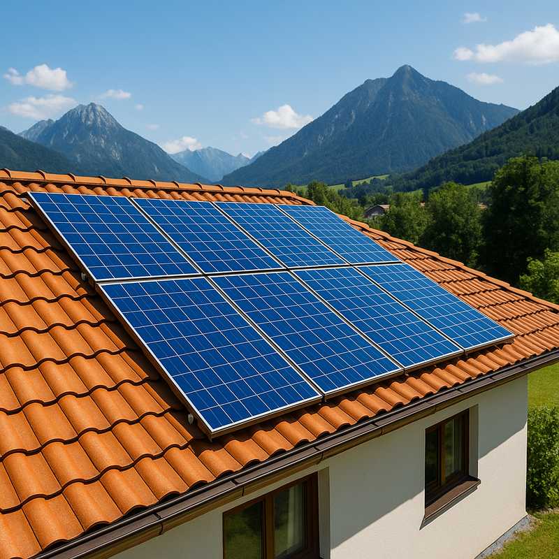 Photovoltaikanlage auf dem Dach einer modernen Industriehalle in Tirol, aufgenommen aus etwa 500 m Entfernung – die Solarmodule im Vordergrund, eingebettet in eine grüne Alpenlandschaft mit klarer Sommersonne und blauer Bergkulisse.