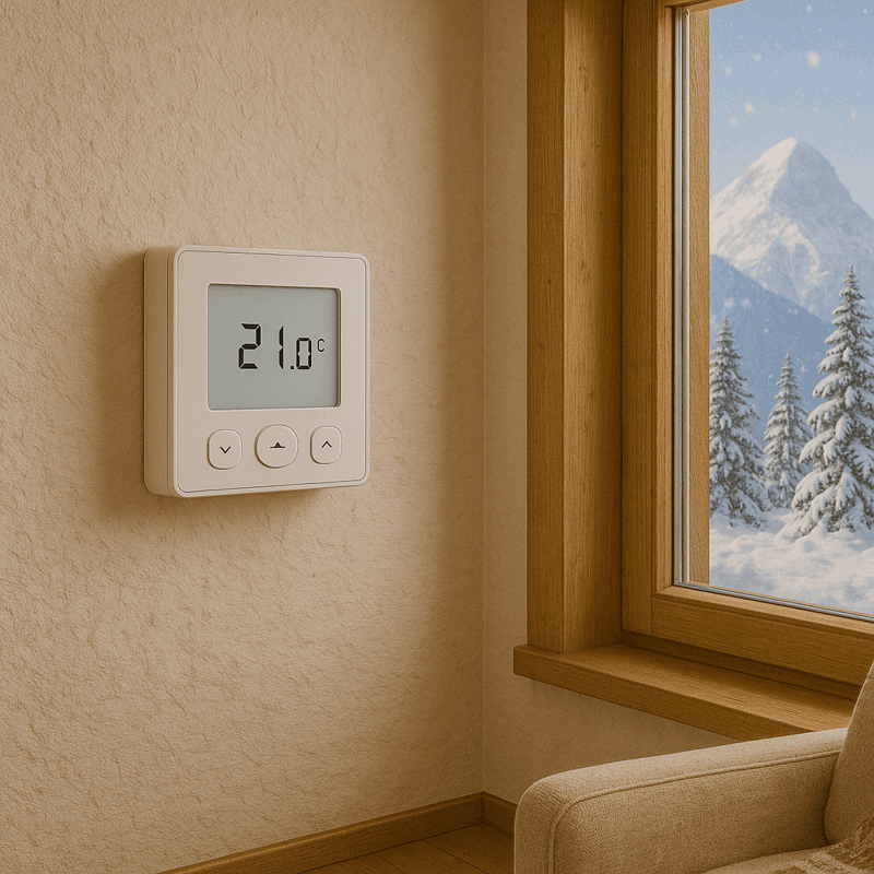 Digitaler Thermostat zeigt 21 °C in einem Tiroler Wohnzimmer mit Blick auf verschneite Alpen – intelligente Regeltechnik für effiziente Heizungssteuerung und behagliches Raumklima im Winter