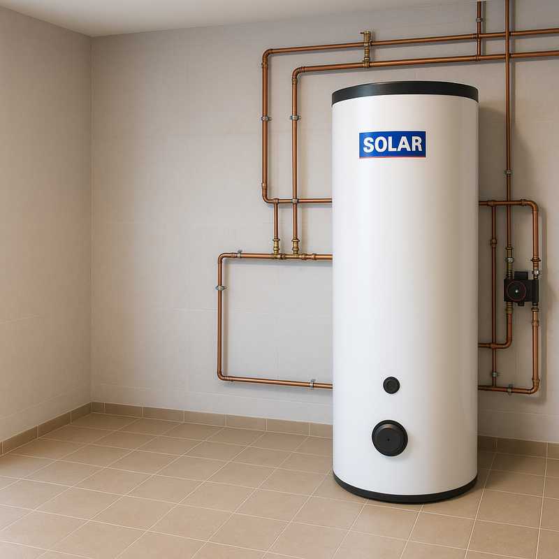 Solarboiler in modernem Technikraum mit Kupferrohrsystem – effiziente Warmwasserbereitung durch Sonnenenergie.
