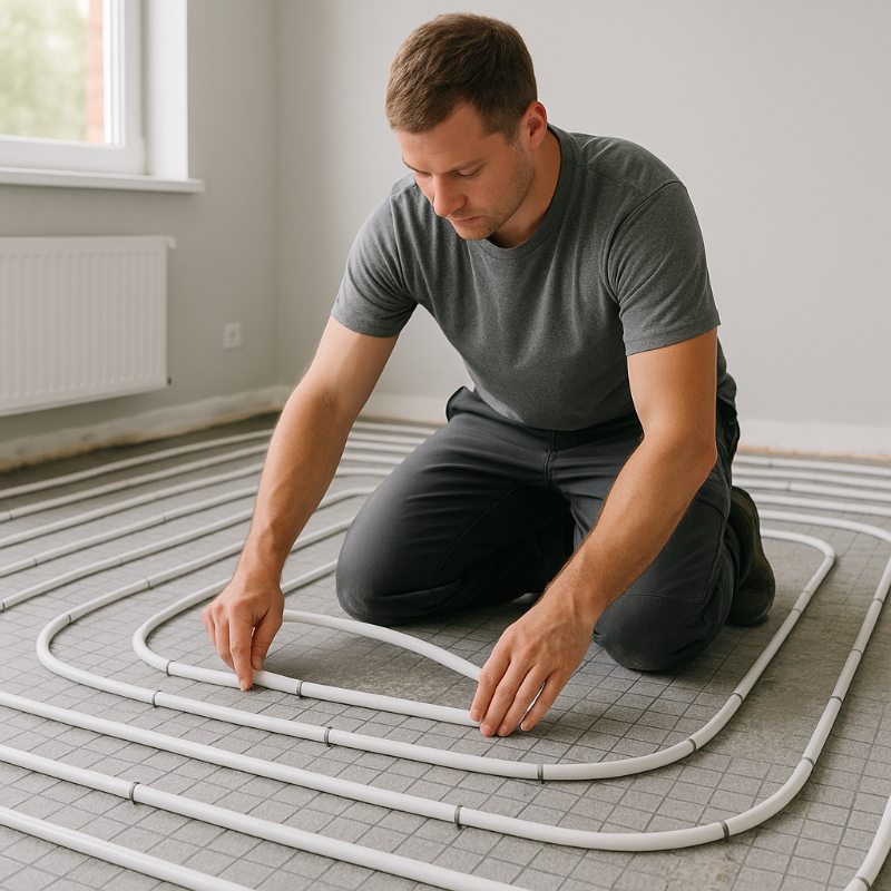 Handwerker verlegt eine wassergeführte Fußbodenheizung in einem Neubau. Die weißen Heizrohre werden präzise auf einer Dämmschicht im Zickzackmuster verlegt – ideal für effiziente Wärmeerzeugung in Wohnräumen.